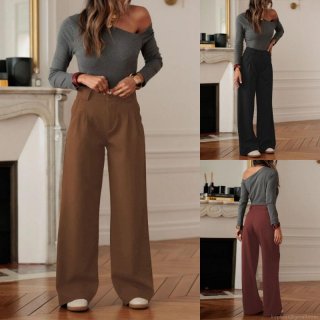 Women High Waist Wide Leg Suit Trousers Elegant Button Solid Color Polyester Spandex Straight Loose Long Pants for Office Daily Commute Workwear