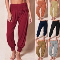 Women's High Waist Smocked Harem Pants Solid Color Elastic Cuffed Joggers Loose Yoga Trousers Soft Polyester Spandex Leisure Long Pants For Women