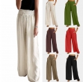 Women's High Waisted Wide Leg Pants Solid Color Elastic Drawstring Casual Trousers Loose Breathable Cotton Blend Long Pants With Pockets For Women Summer Fashion