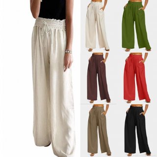 Women's High Waisted Wide Leg Pants Solid Color Elastic Drawstring Casual Trousers Loose Breathable Cotton Blend Long Pants With Pockets For Women Summer Fashion