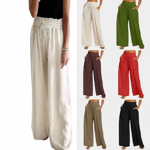 Women's High Waisted Wide Leg Pants Solid Color Elastic Drawstring Casual Trousers Loose Breathable Cotton Blend Long Pants With Pockets For Women Summer Fashion