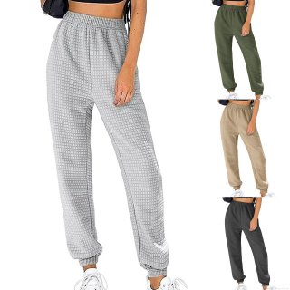 Women's Waffle Knit Joggers High Waisted Sweatpants Casual Lounge Pants Elastic Waist Athletic Trousers For Home Sports Soft Comfortable Cuffed Hem