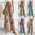 Women's Bohemian Paisley Print Wide Leg Pants Polyester High Waist Drawstring Loose Trousers Vacation Style Casual Flowy Palazzo Pants for Women