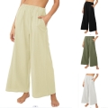 Women's Casual Cotton Linen Wide Leg Pants High Waisted Elastic Waist Loose Trousers With Pockets Solid Color Soft Breathable Summer Long Pants For Women