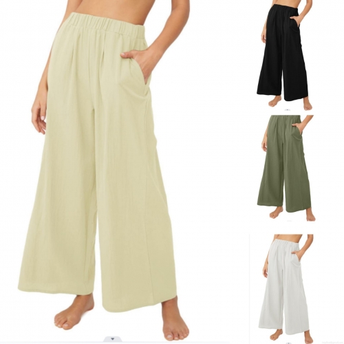 Women's Casual Cotton Linen Wide Leg Pants High Waisted Elastic Waist Loose Trousers With Pockets Solid Color Soft Breathable Summer Long Pants For Women