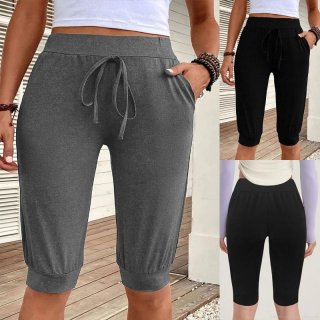 Women's Cropped Yoga Joggers High Waist Drawstring Pants With Pockets Polyester Spandex Slim Fit Sports Running Casual Sweatpants For Women