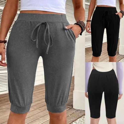 Women's Cropped Yoga Joggers High Waist Drawstring Pants With Pockets Polyester Spandex Slim Fit Sports Running Casual Sweatpants For Women