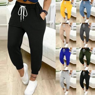 Women's High Waist Drawstring Jogger Pants Solid Color Casual Sweatpants With Pockets Ankle Length Cuffed Hem Sports Trousers For Women