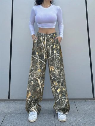 Women's Casual Camouflage Print Wide Leg Pants Elastic High Drawstring Waist Loose Straight Trousers Jungle Leaf Pattern Bottoms For Outdoor Streetwear Spring