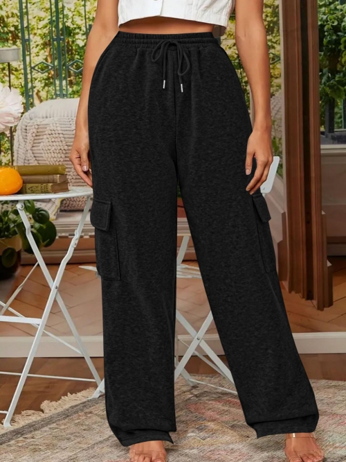Women's Cargo Sweatpants Drawstring Elastic Waist Polyester Spandex Loose Casual Straight Leg Cargo Pants With Large Flap Pockets For Women Spring Autumn Jogger Trousers