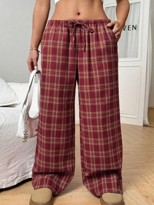 Women's Casual Plaid Wide Leg Pants High Waist Drawstring Checkered Trousers with Pockets Loose Straight Leg Polyester Spandex Pants