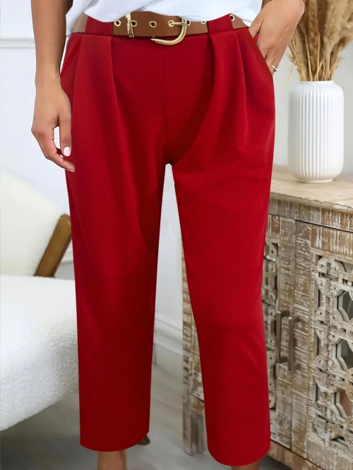 Women's High Waisted Straight Leg Pants With Brown Belt Solid Color Casual Business Office Trousers With Pockets Soft Breathable Trousers For Women