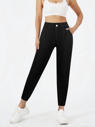 Women High Waist Jogger Pants Solid Color Polyester Spandex Four-Way Stretch Casual Trousers Slim Fit Straight Cuffed Ankle Pants With Pockets For Spring Summer