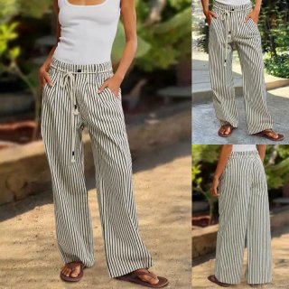 Women's High Waist Vertical Striped Wide Leg Pants Casual Loose Fit Drawstring Trousers For Summer Vacation Beach Wear Modern Ladies Polyester Spandex Long Pants