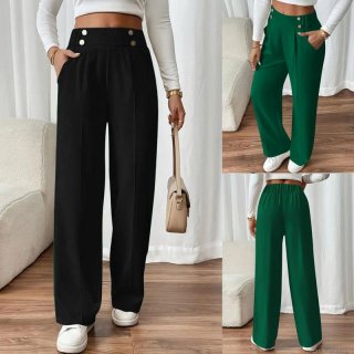 Women's High Waist Wide Leg Pants Polyester Spandex Solid Color Straight Trousers with Gold Decorative Buttons Elegant Office Commuter Casual Long Pants
