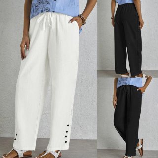 Women's Casual Wide Leg Pants Hollow Lace Side Straight Trousers Adjustable Drawstring Elastic Waist Solid Color Long Pants with Buttons for Summer Vacation Commute Women