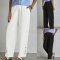 Women's Wide Leg Casual Pants Cotton Linen Texture Hollow Out Lace Trim Drawstring Elastic Waist Straight Trousers With Side Buttons For Summer Daily Commute Fashion