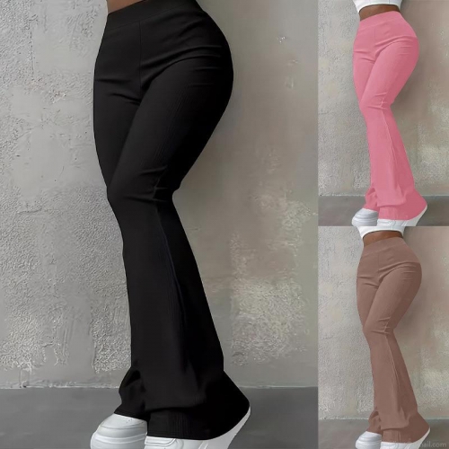 Women's Plus Size High Waist Flared Pants Ribbed Chenille Solid Color Slim Fit Stretchy Bell Bottom Trousers For Autumn Winter Casual Daily Wear