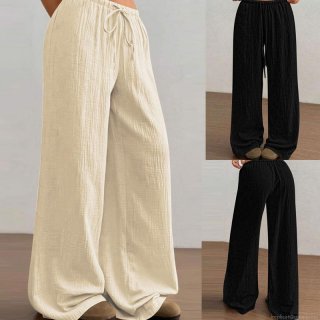 Women's Casual Wide Leg Pants Elastic High Waist Drawstring Textured Crepe Trousers Loose Straight Leg Lounge Pants For Daily Vacation Lady