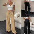 Women's High Waisted Wide Leg Pants Elastic Drawstring Waist Crinkle Textured Pleated Loose Casual Fall Trousers Fashion Solid Color Slacks