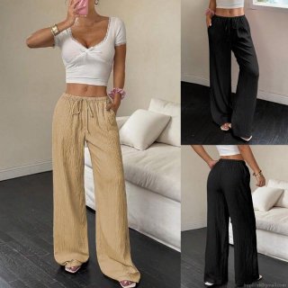 Women's High Waisted Wide Leg Pants Elastic Drawstring Waist Crinkle Textured Pleated Loose Casual Fall Trousers Fashion Solid Color Slacks