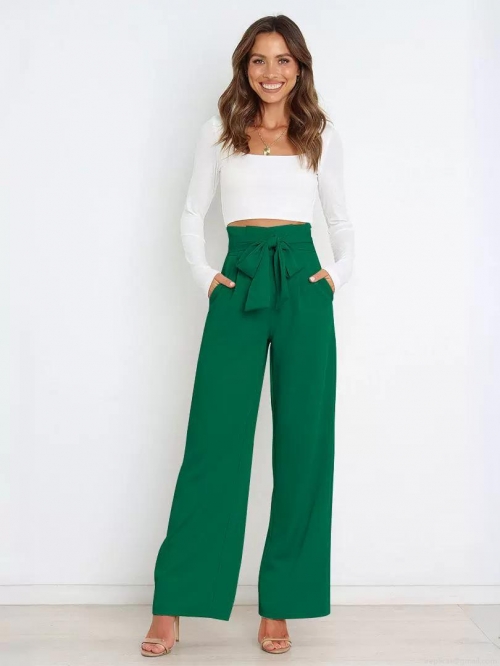 Elegant High Waisted Wide Leg Trousers For Women Chic Office Commute Suit Pants With Bow Tie Belt Solid Color Casual Loose Long Trousers Plus Size Bottoms