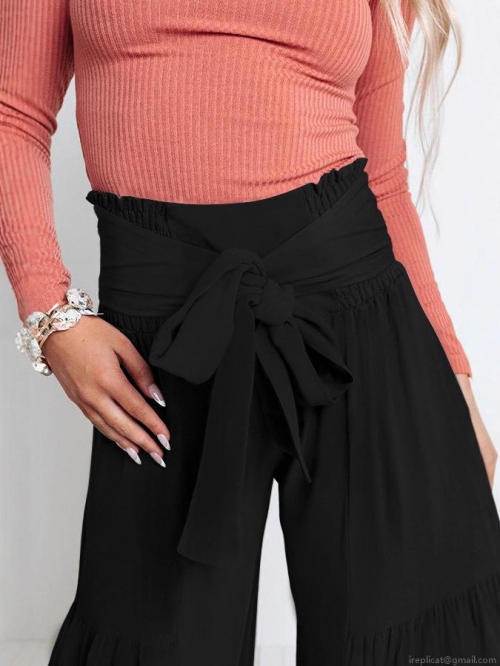 Women's High Waisted Wide Leg Pants Cotton Blend Tiered Layered Smocked Trousers With Bow Tie Waist For Summer Beach Vacation Casual Commute Fashion Loose Palazzo Pants
