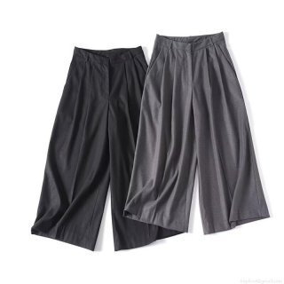 Women's High Waist Pleated Wide Leg Cropped Pants Culottes Elegant Office Casual Solid Color Polyester Rayon Blend Trousers Fashion Lady Bottoms