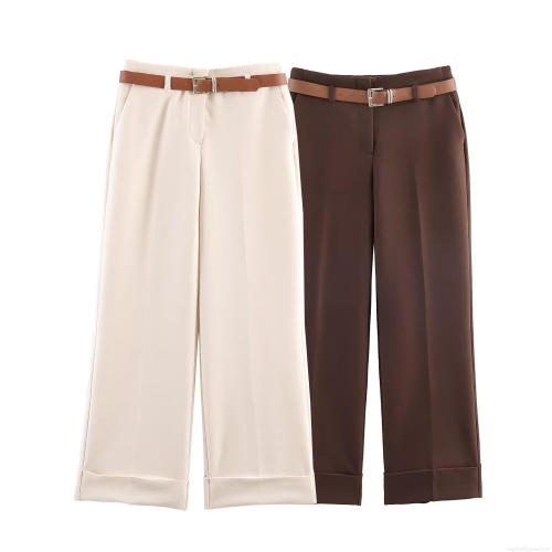 Women's Casual High Waist Wide Leg Trousers Polyester Spandex Straight Pants with Belt and Cuffed Hem Elegant Solid Color Bottoms