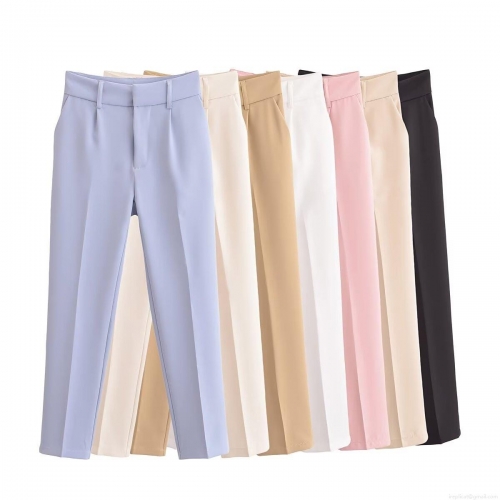 Women's High Waisted Dress Pants 100% Polyester Straight Leg Trousers Solid Color Office Casual Slacks