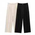 Women High Waisted Wide Leg Pants With Metal Buckle Decor Casual Straight Trousers Solid Color Office Lady Long Pants Polyester Spandex Trousers