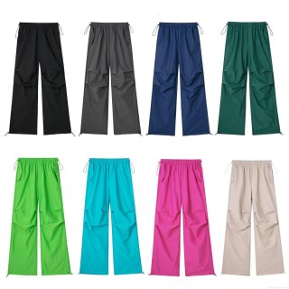 Women's Parachute Cargo Pants Polyester Drawstring Elastic Waist Casual Outdoor Streetwear Baggy Jogger Pants With Knee Pleats