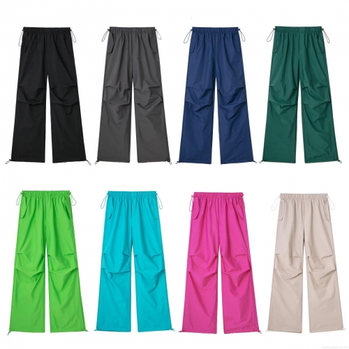 Women's Parachute Cargo Pants Polyester Drawstring Elastic Waist Casual Outdoor Streetwear Baggy Jogger Pants With Knee Pleats