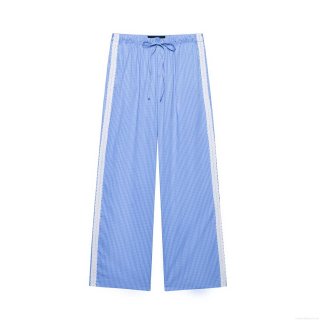 Women's Casual Blue Striped Wide Leg Pants With Lace Trim Drawstring High Waist Lightweight Straight Trousers Pajama Style Summer Fashion