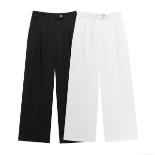 Women's High Waist Wide Leg Trousers Chinlon Polyester Tencel Linen Blend Casual Pants For Office Daily Wear Minimalist Long Trousers With Button Zip