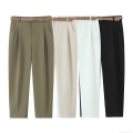 Women's High Waist Tapered Casual Trousers With Belt Polyester Spandex Summer Fashion Solid Color Office Work Pants For Women Elegant Ankle Length Dress Pants