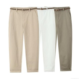Women Casual Tapered Pants With Woven Belt Cotton Blend Polyester Spandex Slim Fit Mid Waist Solid Color Khaki White Olive Green Lightweight Breathable Long Trousers For Daily Vacation Fashion