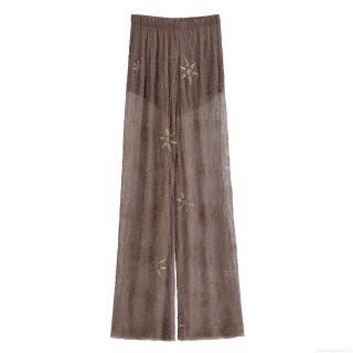 Women's Fashion Coffee Mesh Wide Leg Pants With Gold Sequins And Star Beads Elegant Sexy Sheer Club Party Long Trousers For Vacation Evening