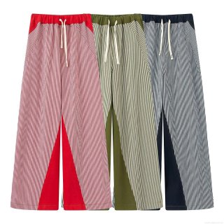 Women's Casual High Waist Wide Leg Striped Pants Fashion Loose Fit Straight Leg Trousers With Drawstring Patchwork Design Striped Bottoms 2025 Summer