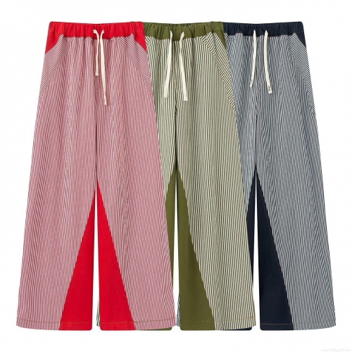 Women's Casual High Waist Wide Leg Striped Pants Fashion Loose Fit Straight Leg Trousers With Drawstring Patchwork Design Striped Bottoms 2025 Summer