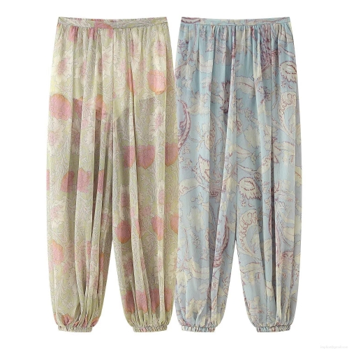 Women Summer Casual Floral Printed Chiffon Lantern Pants Loose Elastic Waist Boho Harem Trousers For Vacation Lightweight Breathable Pants