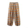 Women Plaid Lantern Pants Ramie Polyester Blend Casual Loose Fit Elastic Waist Drawstring Trousers Harem Pants for Daily Outdoor Comfort