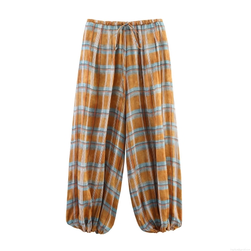 Women Plaid Lantern Pants Ramie Polyester Blend Casual Loose Fit Elastic Waist Drawstring Trousers Harem Pants for Daily Outdoor Comfort