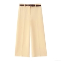 Women's High Waist Wide Leg Suit Pants With Brown Belt Elegant Apricot Straight Leg Trousers Casual Soft Polyester Suiting Fabric For Work Office Commute Autumn Fashion