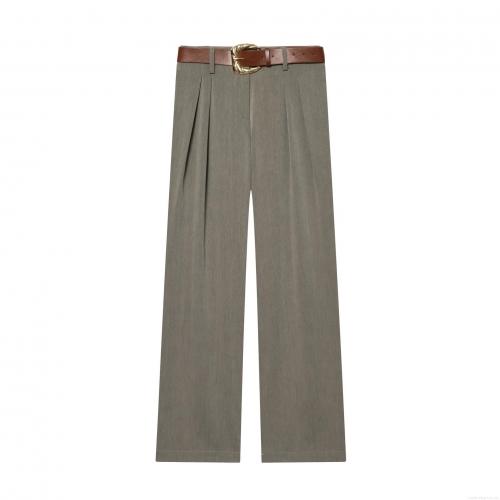Women's High Waist Straight Leg Pants With Brown Leather Belt Polyester Blend Core-spun Yarn Twill Long Trousers Office Casual Versatile Elegant Bottoms For Ladies