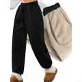 Women's Casual Fleece Lined Joggers Vintage High Waist Loose Sweatpants Thick Warm Solid Black Streetwear Trousers For Winter