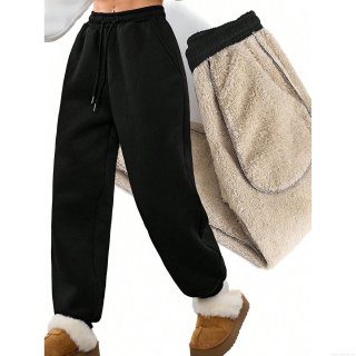 Women's Casual Fleece Lined Joggers Vintage High Waist Loose Sweatpants Thick Warm Solid Black Streetwear Trousers For Winter