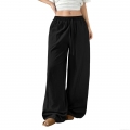 Women's Wide Leg Pants Casual Linen Like Texture High Waist Drawstring Loose Trousers Solid Color Breathable Lightweight Pants for Spring Autumn Office Daily Wear