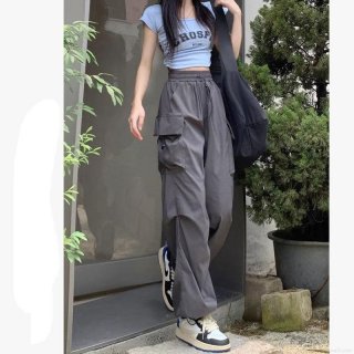Women's Loose Cargo Pants Polyester Multi-Pocket Drawstring Streetwear Casual Straight Leg Trousers Y2K Fashion Lady Wide Leg Pants