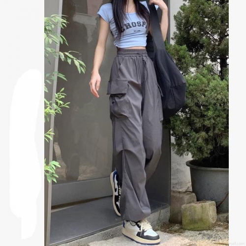 Women's Loose Cargo Pants Polyester Multi-Pocket Drawstring Streetwear Casual Straight Leg Trousers Y2K Fashion Lady Wide Leg Pants